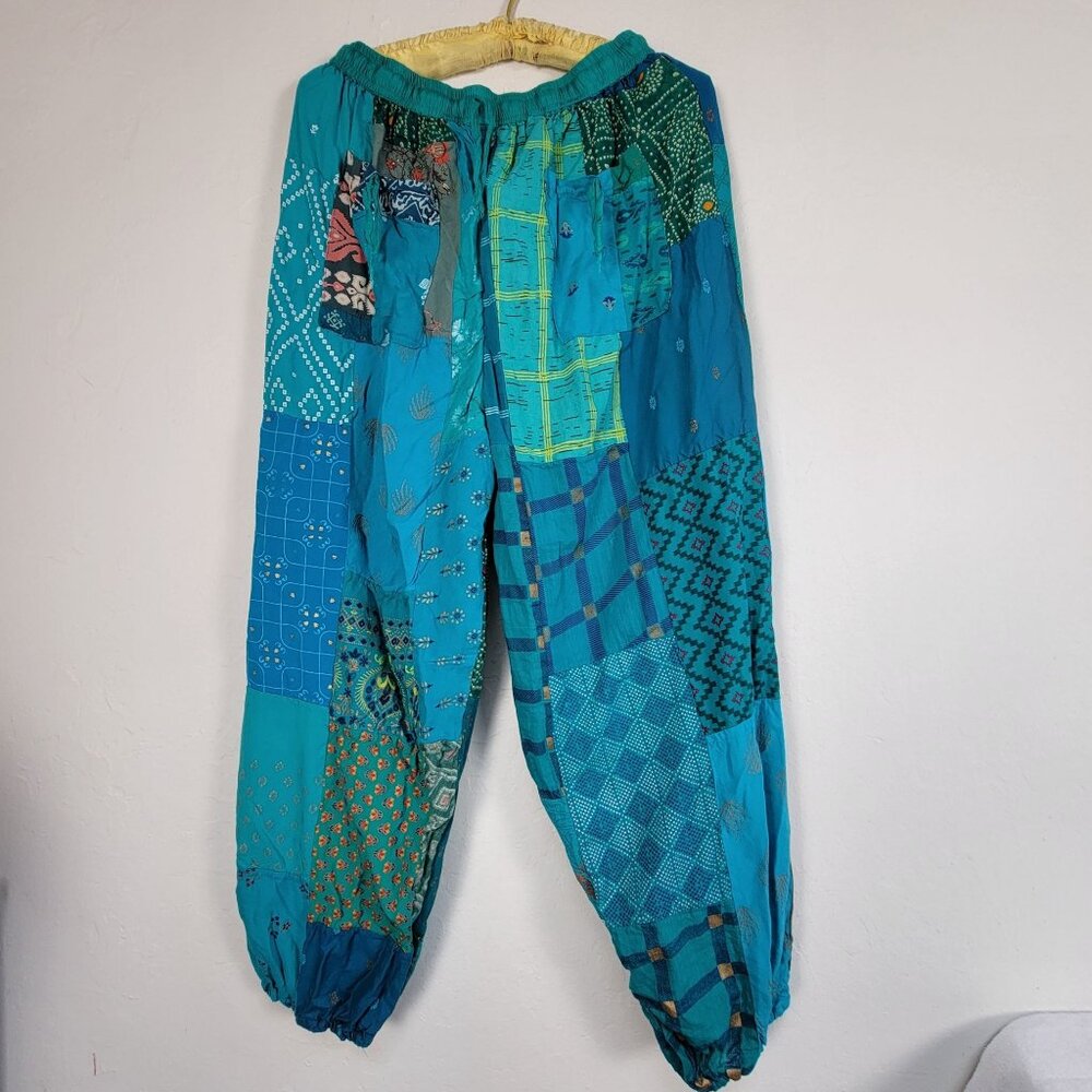 Women's Boho Patchwork Cropped Harem Pants Elastic Waist Rayon Turquoise Green